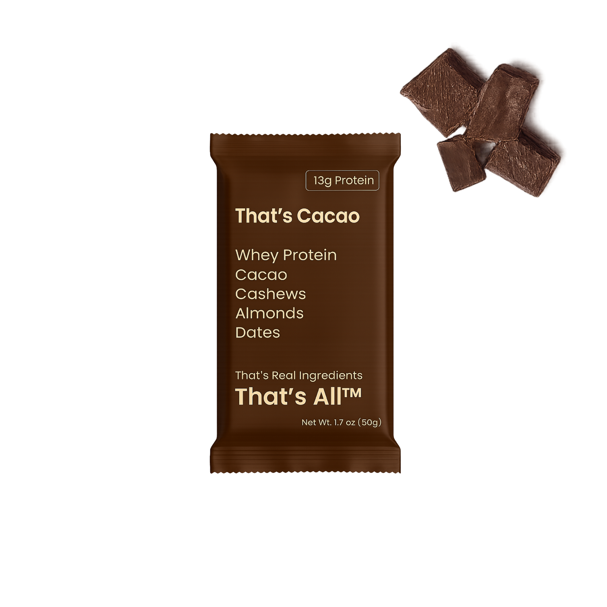That's Cacao protein bar with ingredients listed on a white background