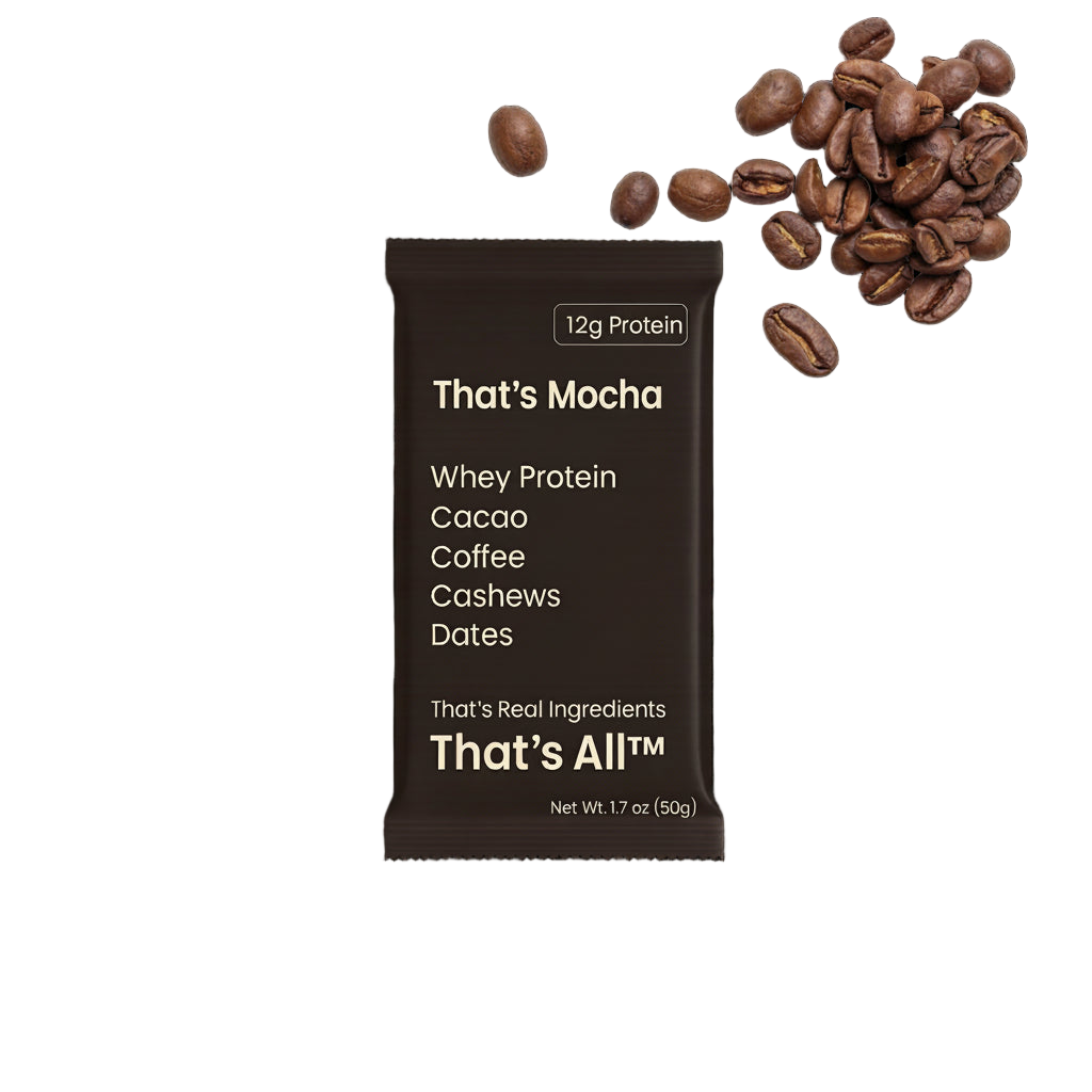 Thats Mocha - Whey protein bar labeled 'That's Mocha' with coffee beans on a white background