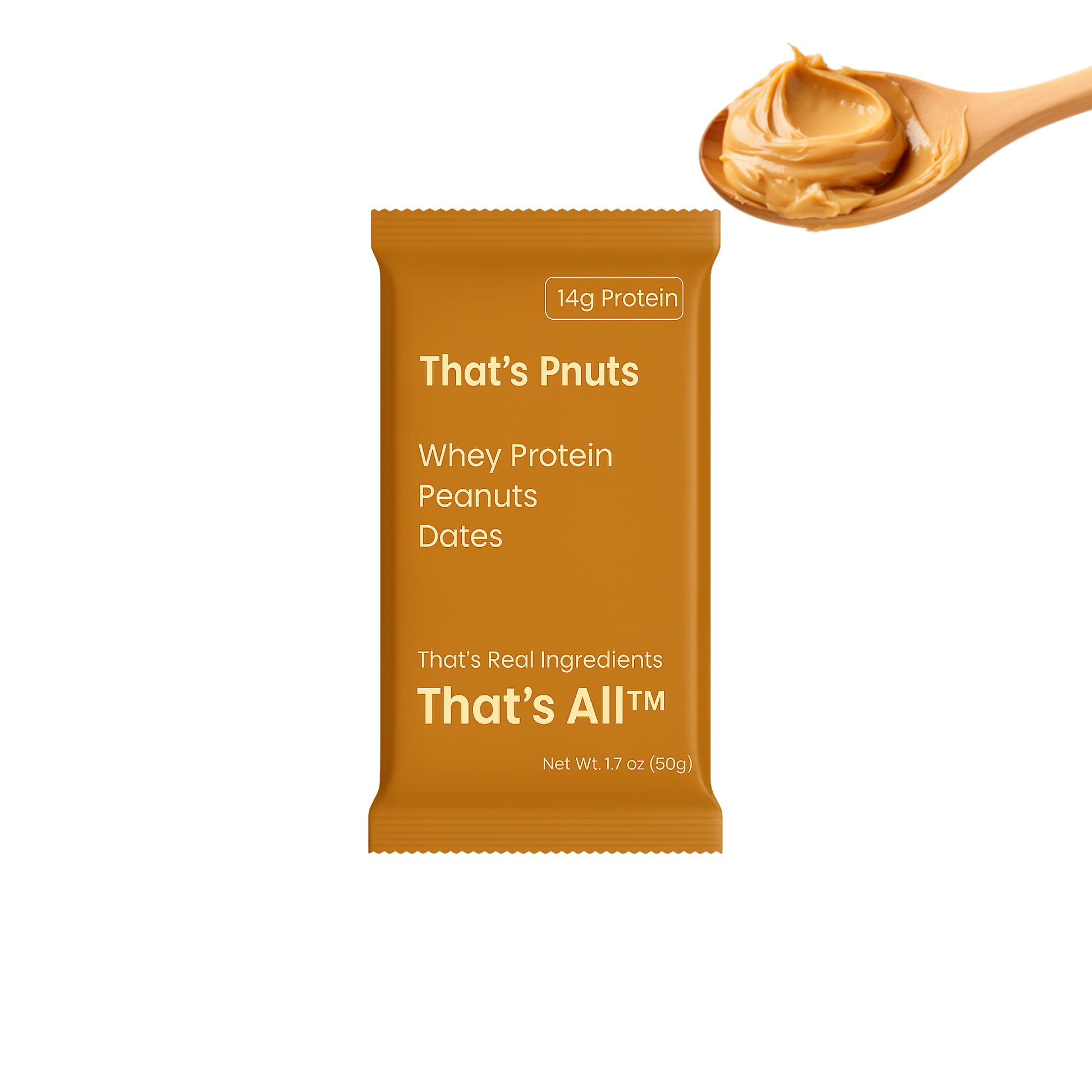 That's Pnuts -  whey protein bar with a spoonful of peanut butter on a white background