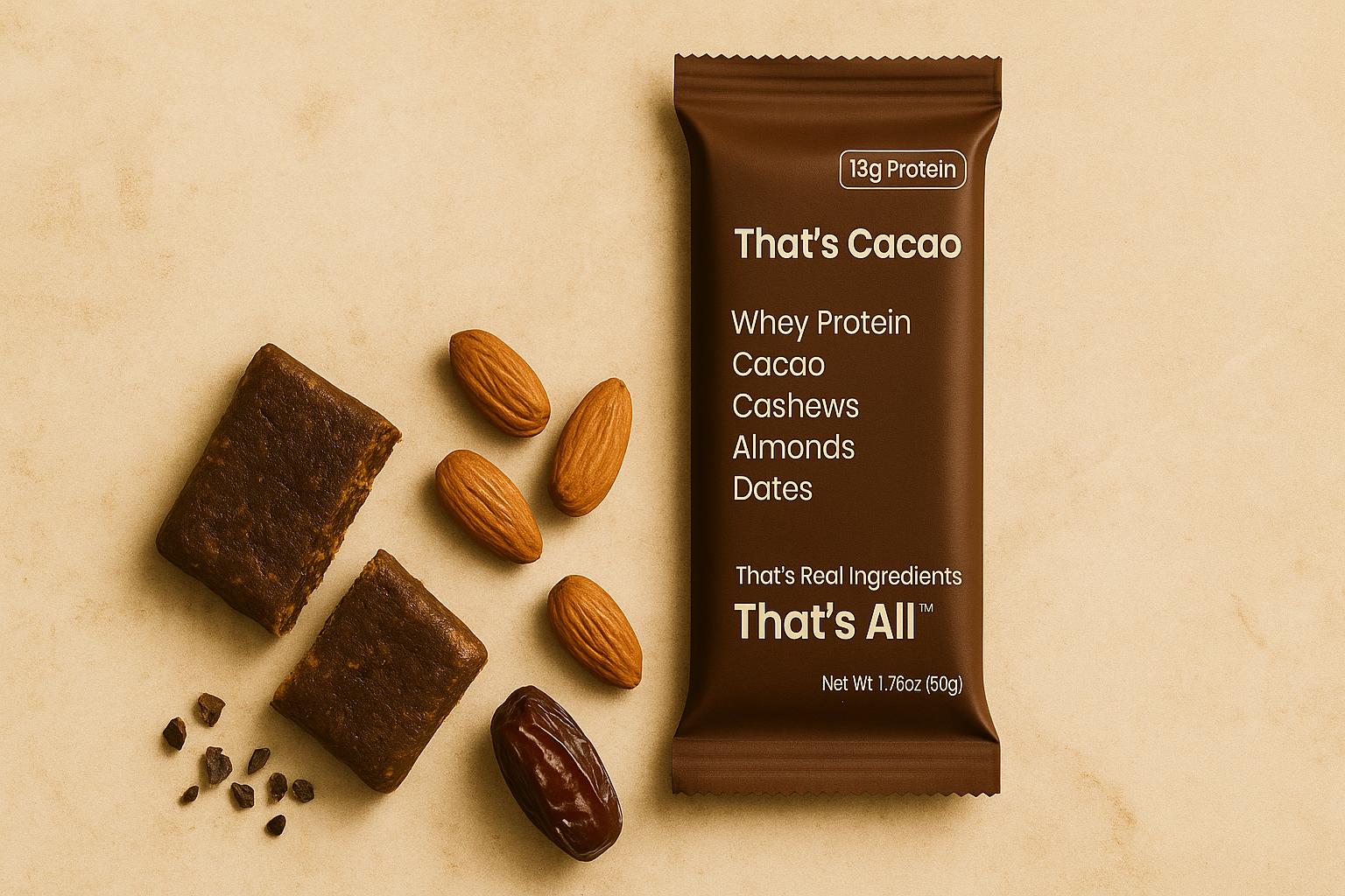 Thats All Cocoa protein bar with ingredients on a beige background