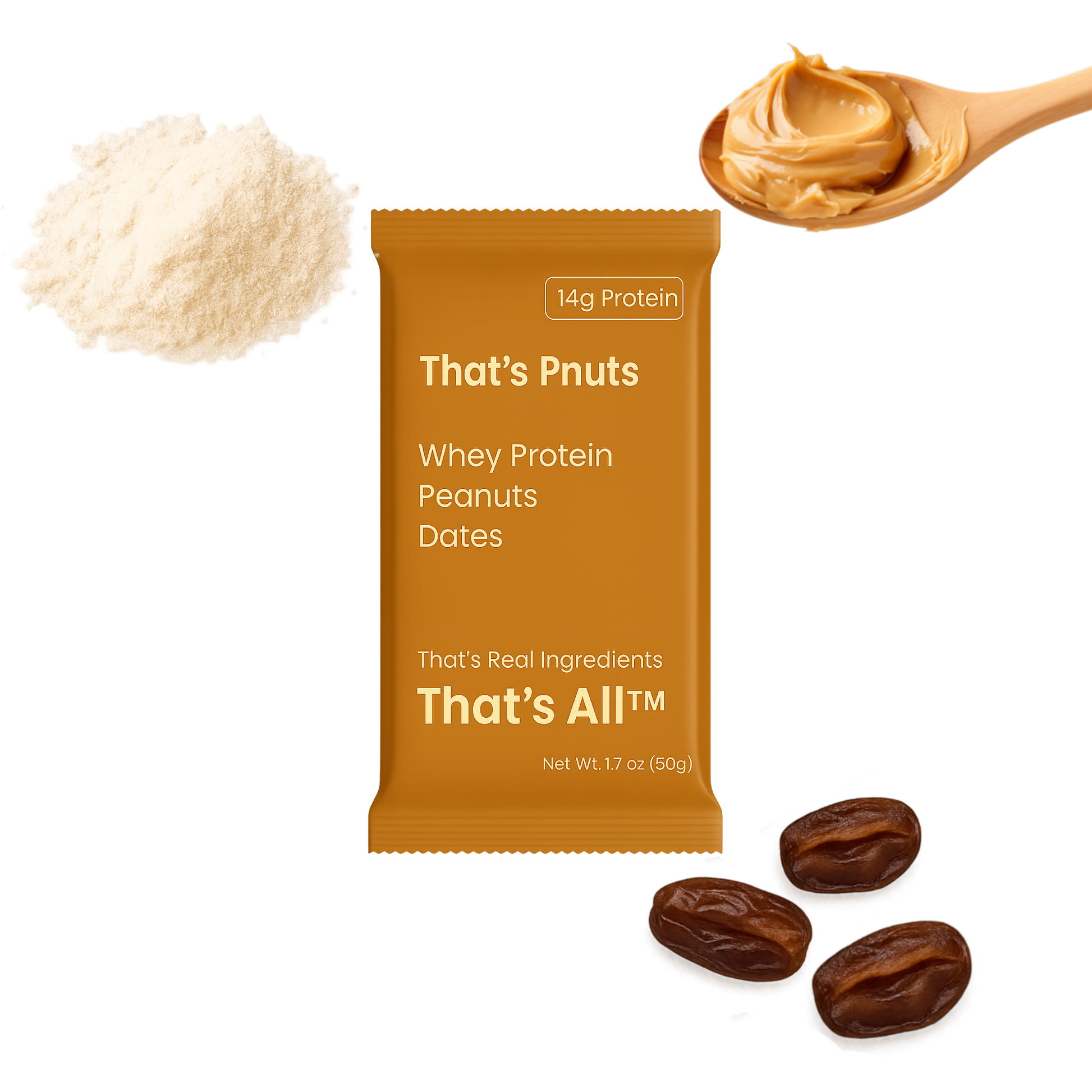 Thats Pnut - Whey protein powder package with ingredients on a white background