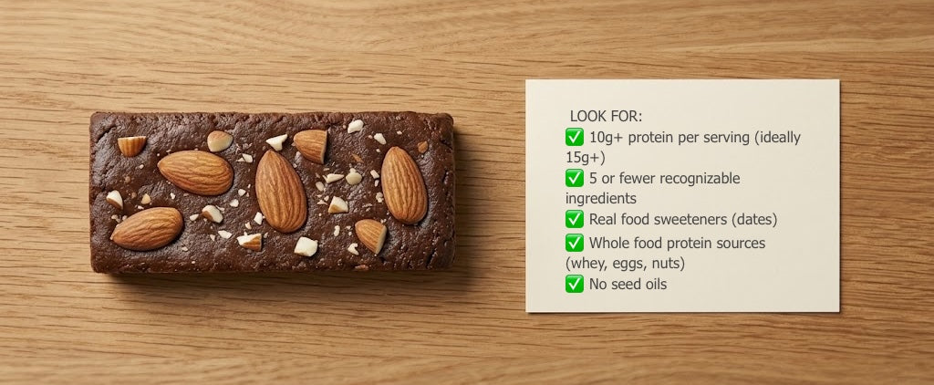 overhead shot of clean snacks arranged on a kitchen counter with a simple checklist card and Thats All Protein Bar