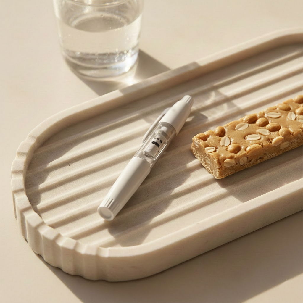A shot featuring a marble tray. On the tray sits a sleek, white GLP-1 injection pen and thats all protein bar topped with peanuts.