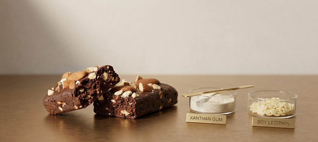 Broken That's All Protein Chocolate bar showing dense interior with visible whole almonds and clean cacao fudge — no gums or emulsifiers