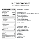 Nutrition facts label for Thats All protein bar with ingredients listed for Chocolate