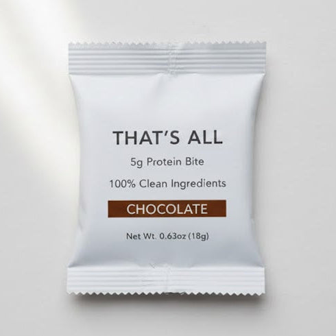 Chocolate Protein bite package labeled 'THAT'S ALL' on a white background