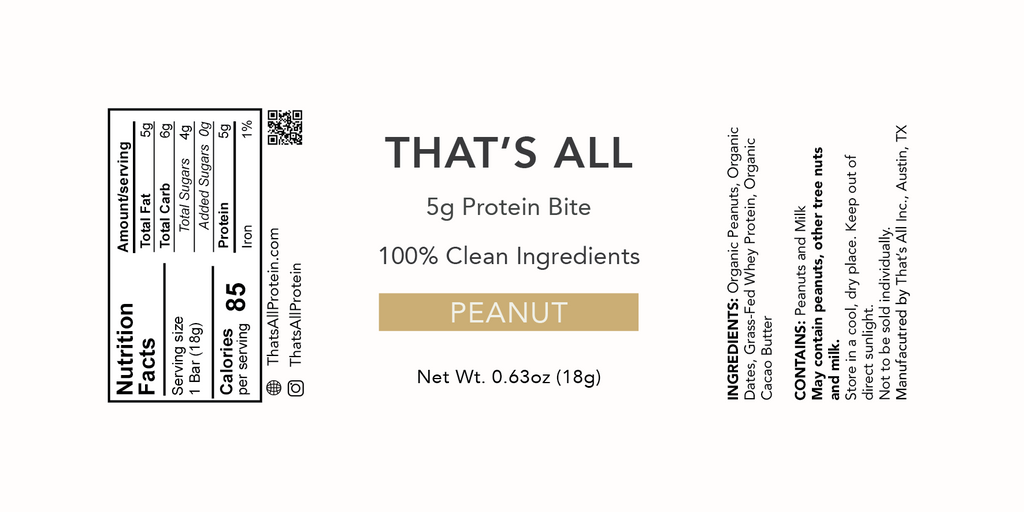 Label for a 5g Protein Bite with peanut flavor, showing nutritional information and ingredients on a white background.