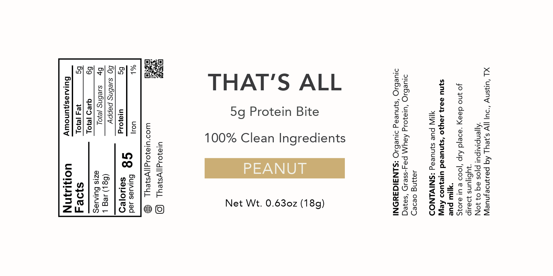 Label for a 5g Protein Bite with peanut flavor, showing nutritional information and ingredients on a white background.