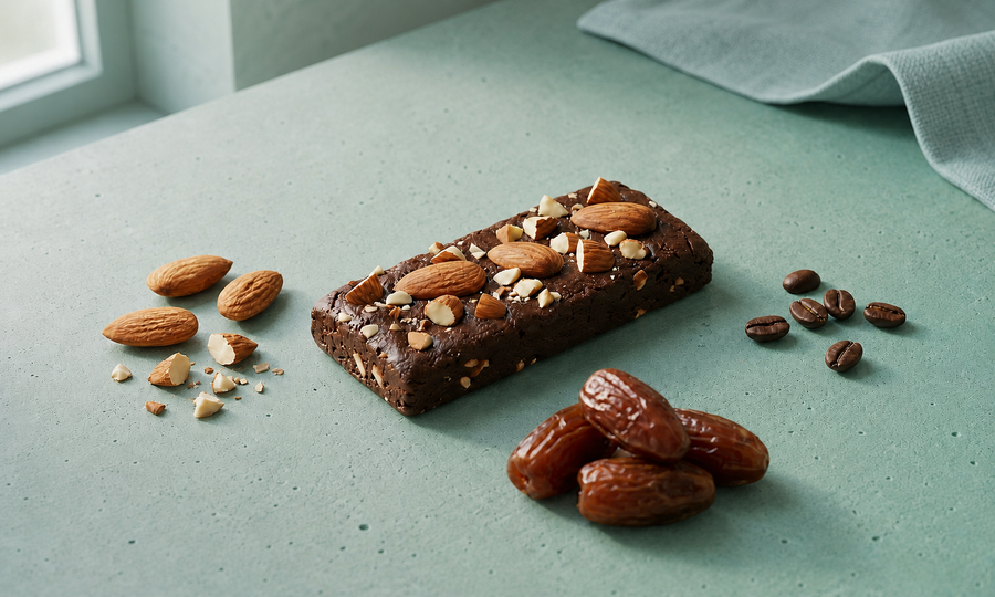 A chocolate protein bar topped with almonds and chopped nuts, displayed on a textured teal surface with scattered almonds, dates, and crumbs.
