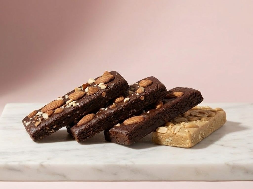 Three chocolate protein bars with nuts on a marble surface against a pink background