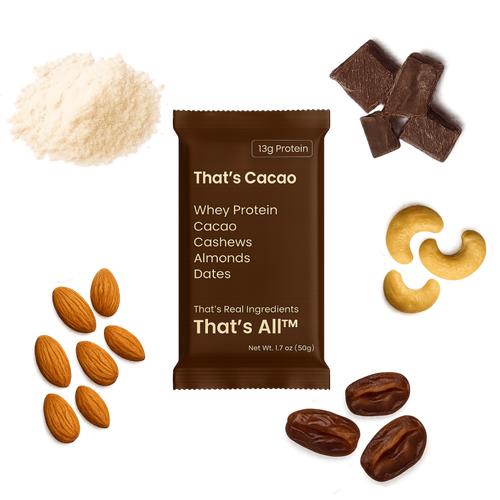 Thats Cacao - Whey protein bar with cacao, cashews, almonds, and dates on a white background