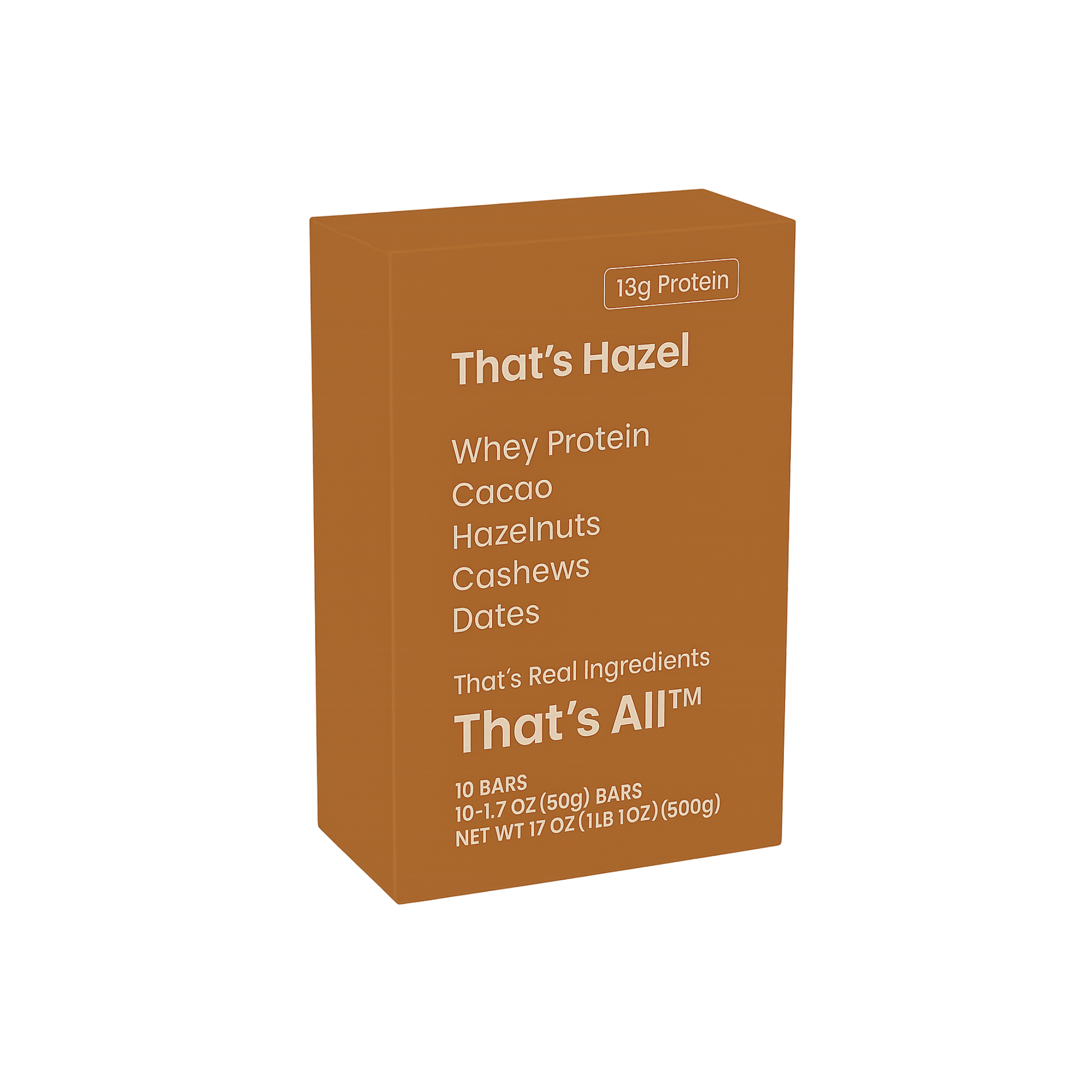 That's Hazel Box - 10 bars 17 Oz (500g) Brown box of That's Hazel whey protein bars with ingredients listed on a white background