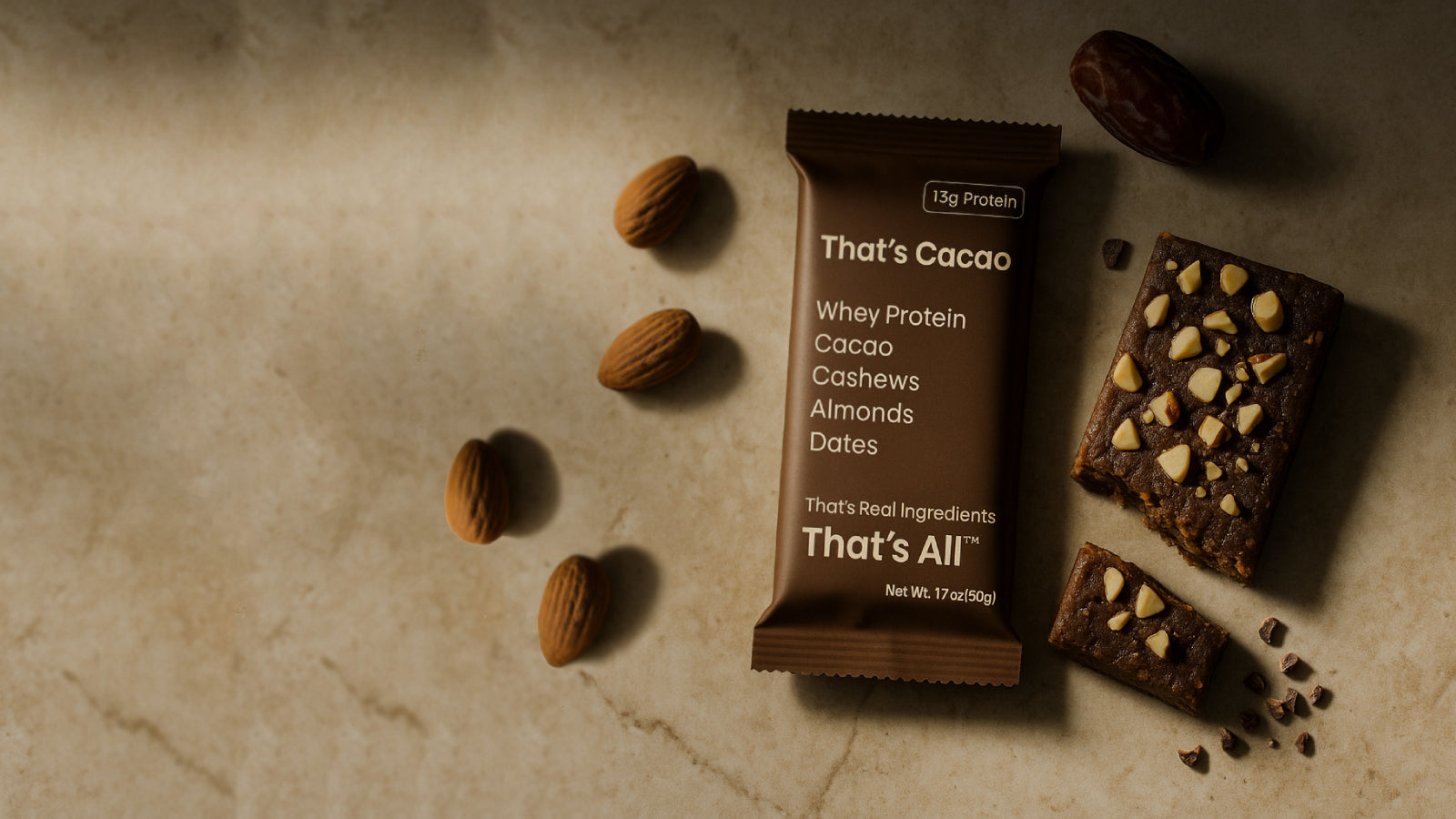 That's All Protein bar with ingredients listed next to it on a textured surface