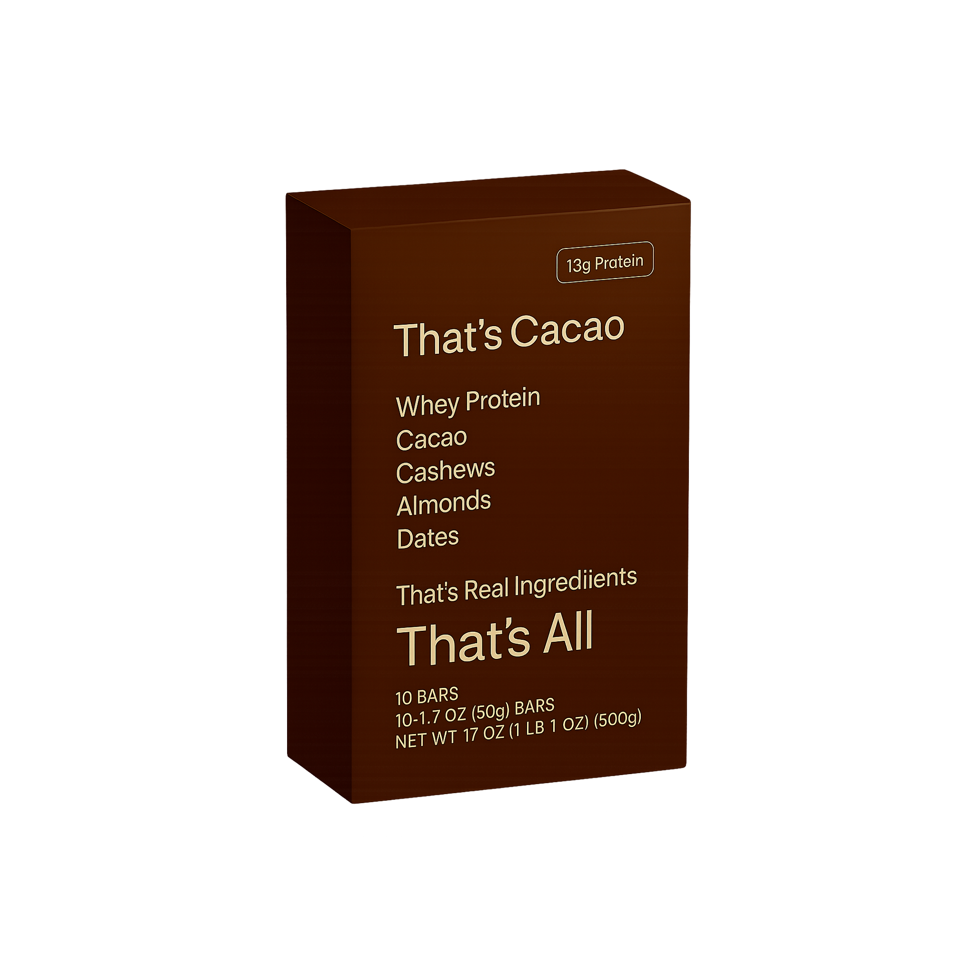 That's Cacao Box - 10 bars 17 Oz (500g) Box of That's Cacao whey protein bars on a white background