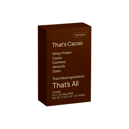 That's Cacao Box - 10 bars 17 Oz (500g) Box of That's Cacao whey protein bars on a white background