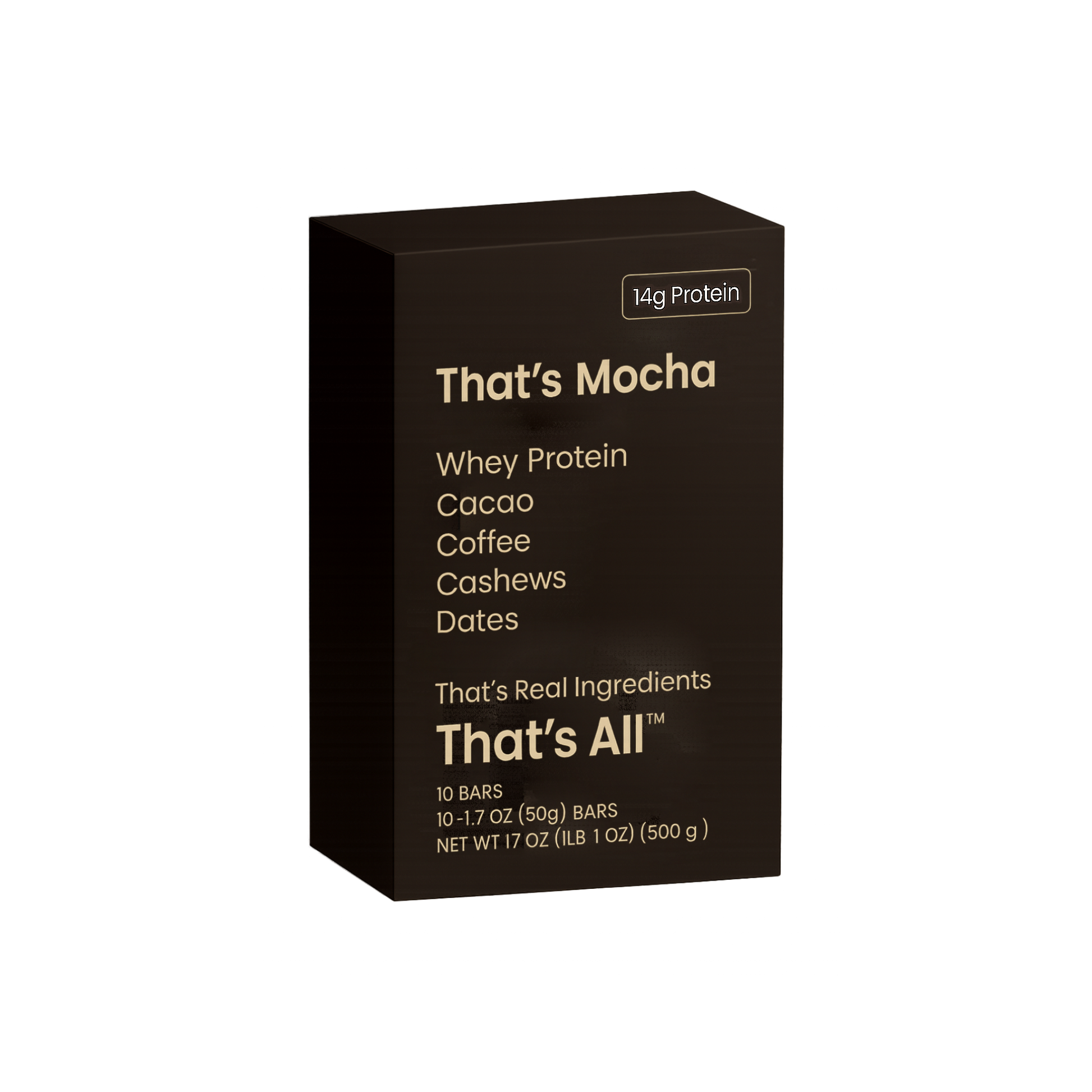 Box of That's Mocha whey protein bars with ingredients listed on a white background