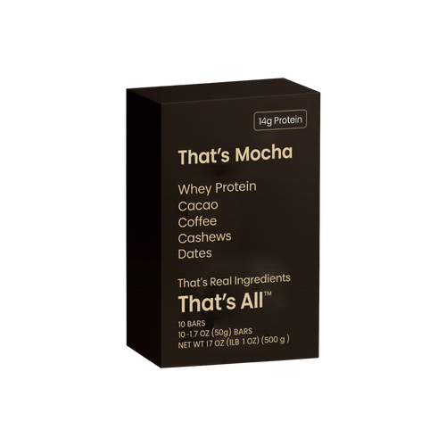 Box of That's Mocha whey protein bars with ingredients listed on a white background