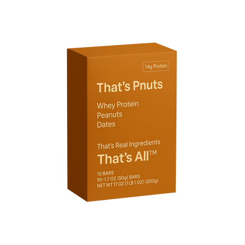 Orange box of That's Pnuts whey protein bars with text on a white background