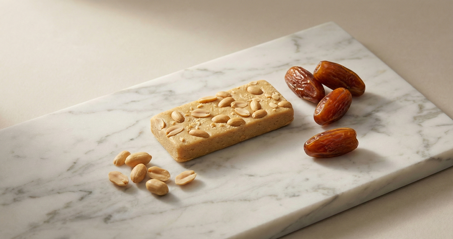 Protein bar with peanuts and dates on a marble surface