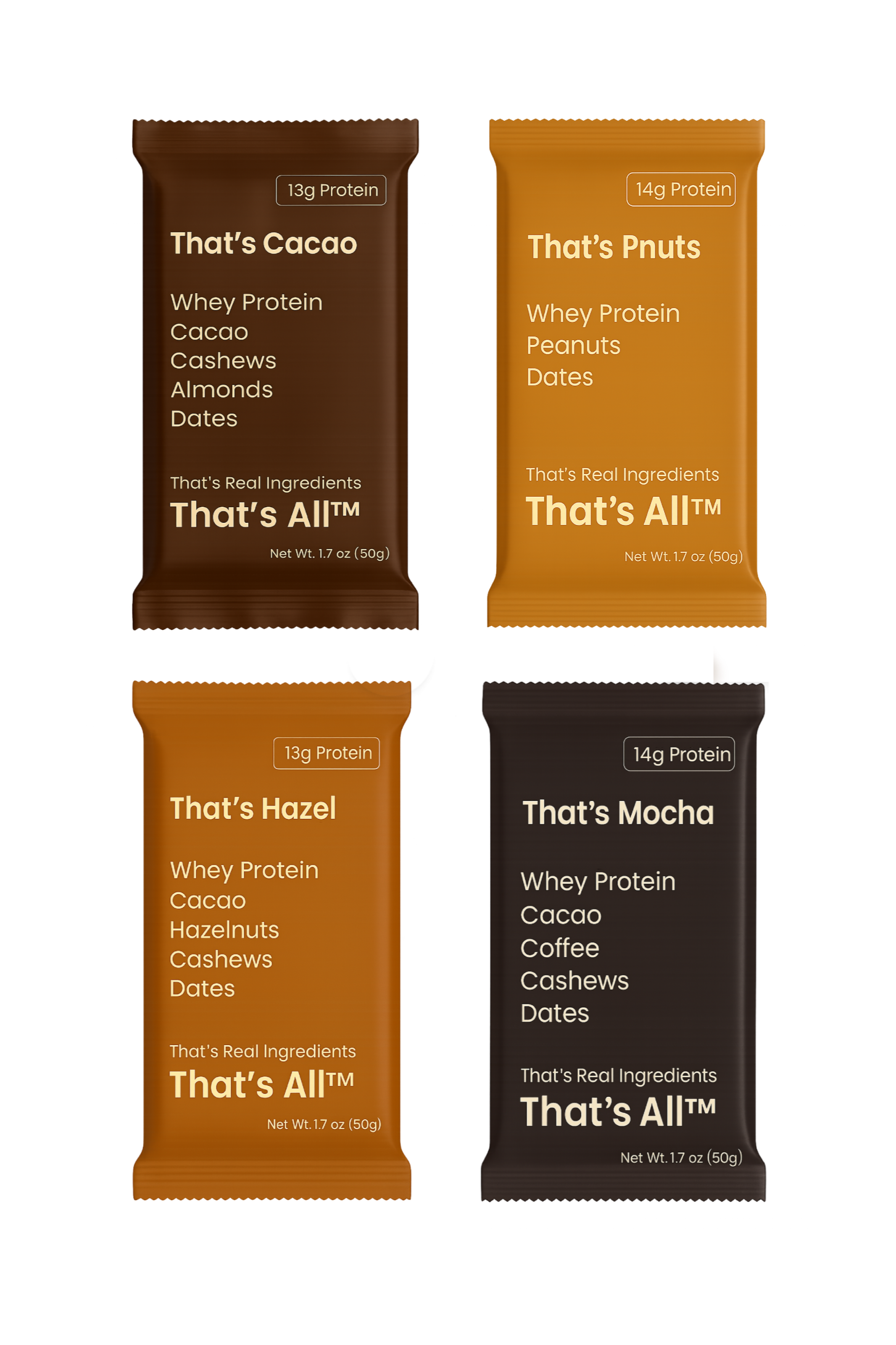 Four protein bar packages in different flavors Thats All