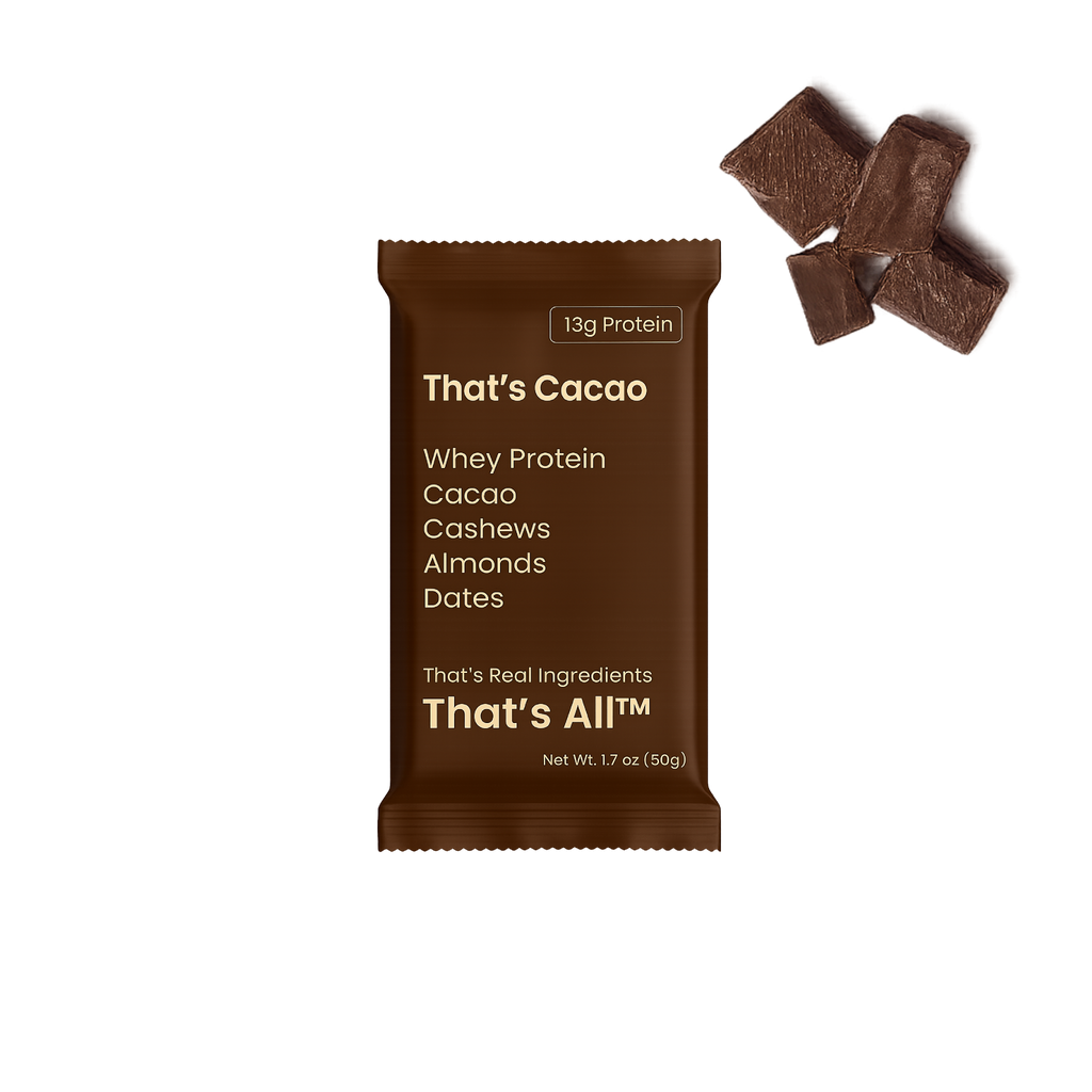 That's Cacao protein bar with ingredients listed on a white background
