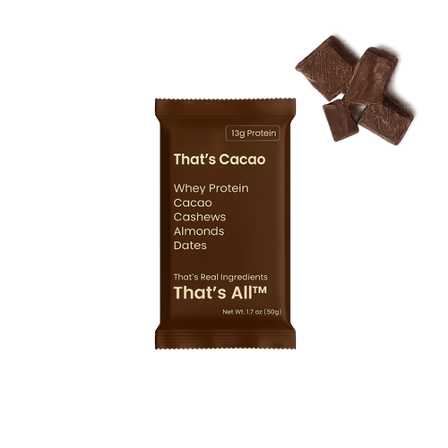 That's Cacao protein bar with ingredients listed on a white background