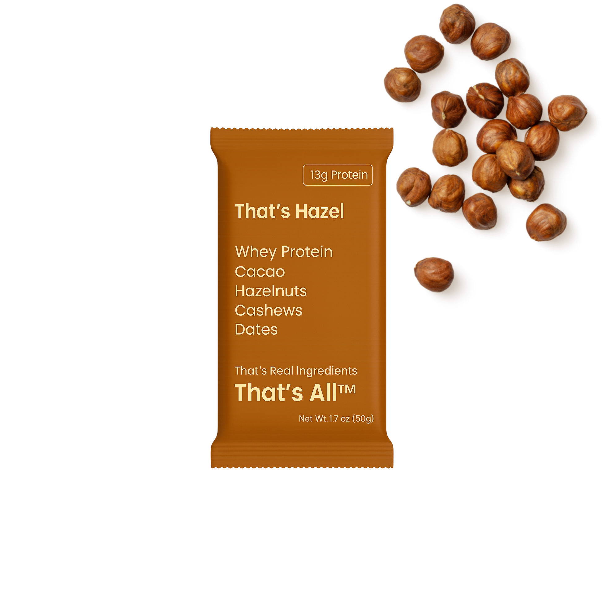 Thats Hazel - Whey protein package with cacao, hazelnuts, cashews, and dates on a white background