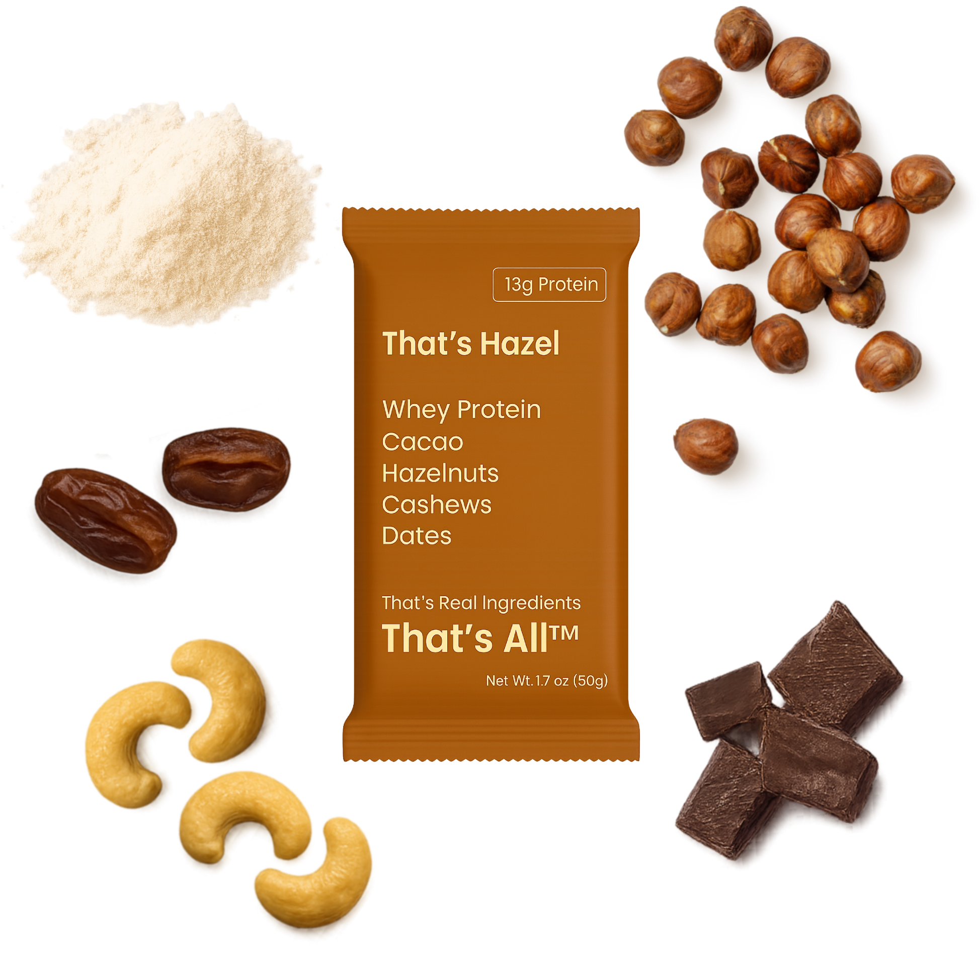 Thats Hazel -Whey protein package with cacao, hazelnuts, cashews, and dates on a white background
