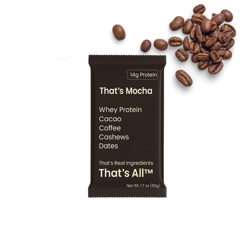 Thats Mocha - Whey protein bar labeled 'That's Mocha' with coffee beans on a white background