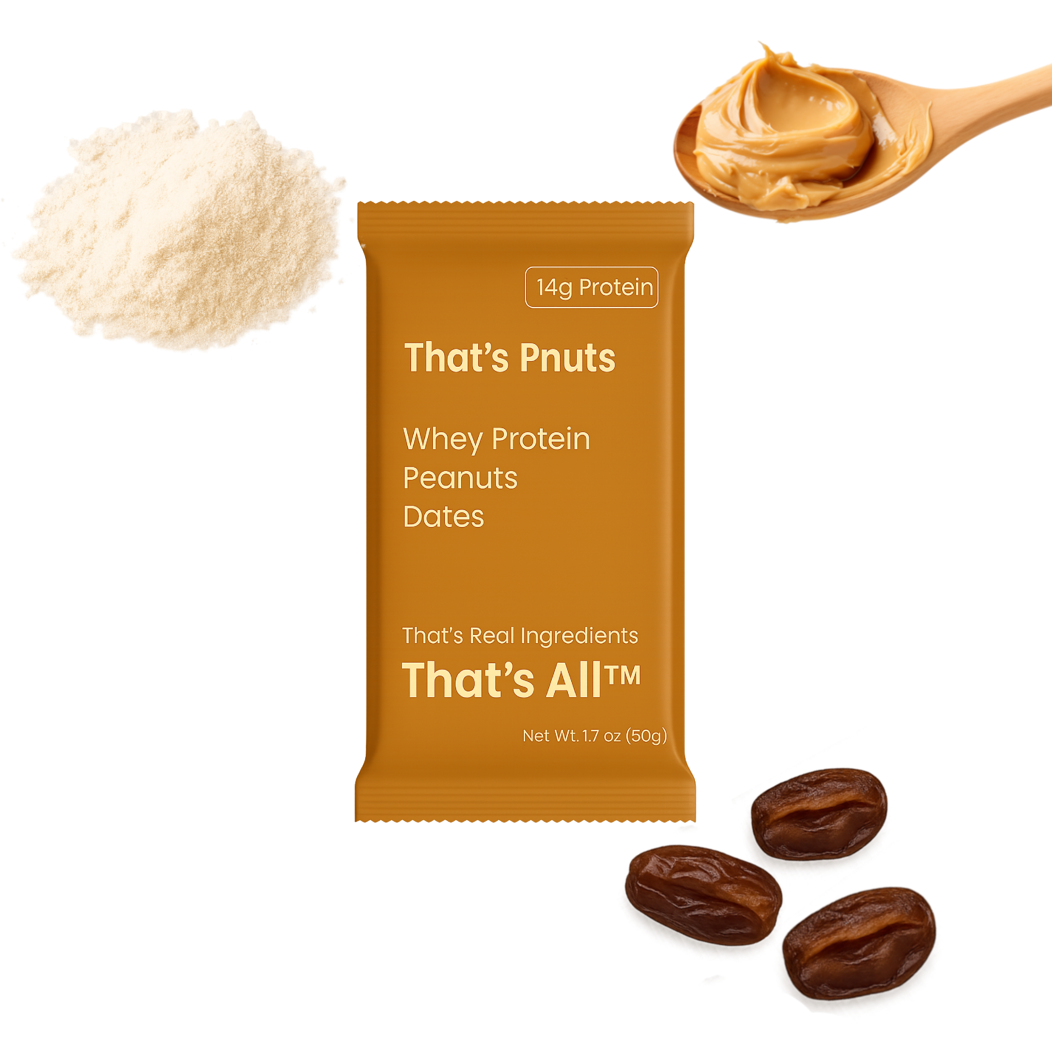 Thats Pnut - Whey protein powder package with ingredients on a white background