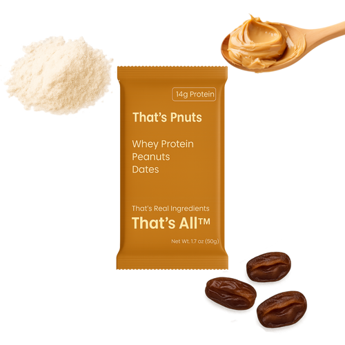 Thats Pnut - Whey protein powder package with ingredients on a white background