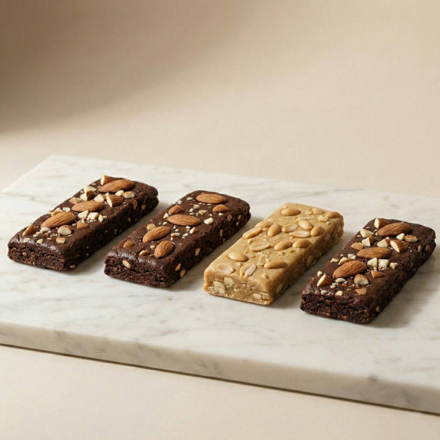 Thats All Four different types of protein bars on a marble surface with a beige background